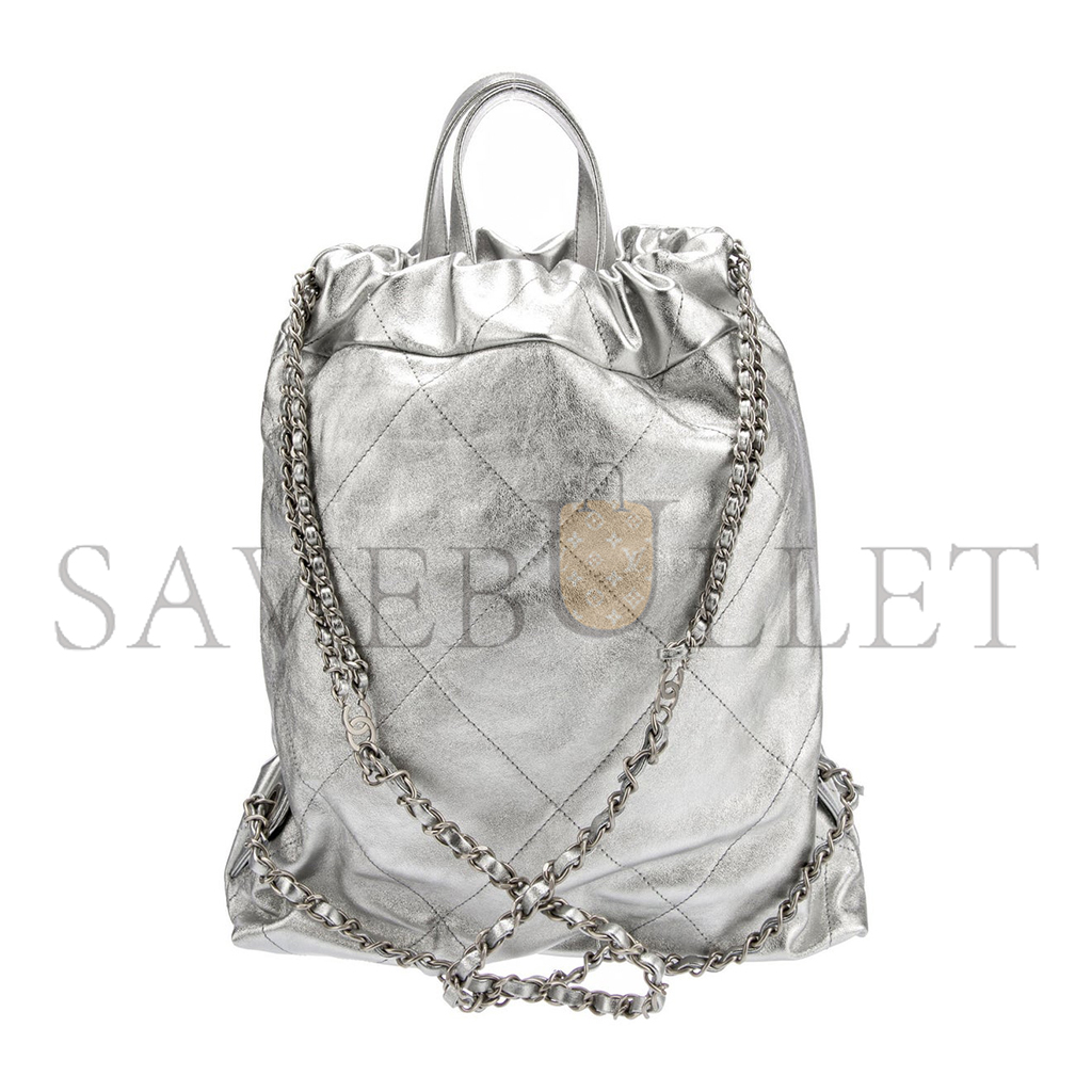 Ch*el master metallic calfskin quilted Ch*el 22 backpack silver (34*29*10.5cm)